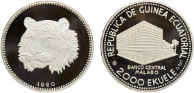 Equatorial Guinea Republic 2000 Ekuele 1983 CHI Balerna mint(Mintage 1000) Conservation Series, Tiger Silver PF 31.1g KM# 57