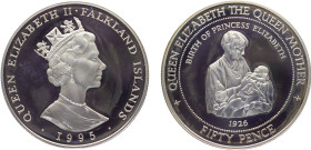 Falkland Islands British colony Elizabeth II 50 Pence 1995 Birth of Princess Elizabeth in 1926 Silver PF 28.5g KM# 72a