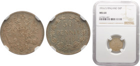 Finland Grand duchy Nikolai II 50 Penniä 1916 S Helsinki mint Silver NGC MS64 KM# 2.2