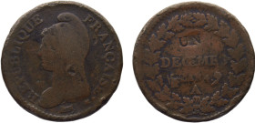 France First Republic 1 Décime AN4 (1795) A Paris mint Mint Error Struck Over 2 Decime coin Copper VF 19.2g KM#637.1