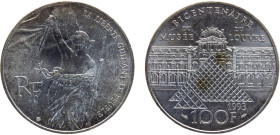 France Fifth Republic 100 Francs 1993 Paris mint 200th Anniversary of the Louvre Museum, Liberté de Delacroix Silver BU 15g KM# 1018.1