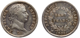 France First Empire Napoleon I ½ Franc 1808 A Paris mint Silver AU 2.5g KM#680.1