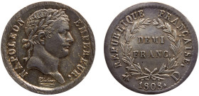France First Empire Napoleon I ½ Franc 1808 D Lyon mint Silver AU 2.5g KM#680.4