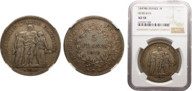 France Second Republic 5 Francs 1849 BB Strasbourg mint "Hercules" Silver NGC AU50 KM# 756.2