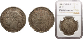 France Second Republic 5 Francs 1851 A Paris mint "Ceres" Silver NGC AU50 KM# 761.1
