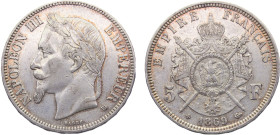 France Second Empire Napoleon III 5 Francs 1869 BB Strasbourg mint Silver XF 25g KM# 799.2