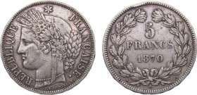France Third Republic 5 Francs 1870 A Paris mint "Ceres" Silver XF 24.7g KM# 818.1