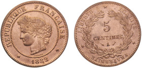 France Third Republic 5 Centimes 1882 A Paris mint "Ceres" Bronze UNC 5g KM# 821.1