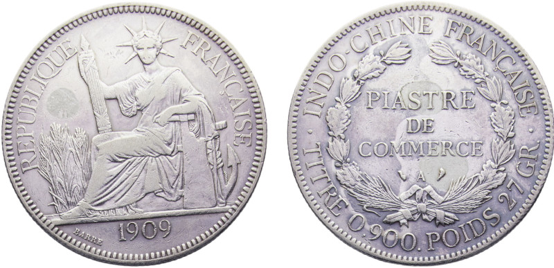 French Indochina French colony 1 Piastre 1909 A Paris mint Cleaned Silver VF 26....