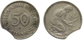 Germany Federal republic 50 Pfennig 1950 G Karlsruhe mint Mint Error Curved Clips Copper-nickel AU 3.4g KM# 109
