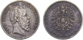 Germany Second Empire Kingdom of Württemberg Karl I 5 Mark 1876 F Stuttgart mint Silver VF 27.5g KM# 623