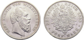 Germany Second Empire Kingdom of Württemberg Karl I 5 Mark 1888 F Stuttgart mint Cleaned Silver XF 27.5g KM# 623