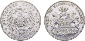 Germany Second Empire Free Hanseatic city of Hamburg 5 Mark 1902 J Hamburg mint Silver XF 27.7g KM# 610