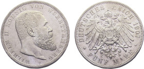 Germany Second Empire Kingdom of Württemberg Wilhelm II 5 Mark 1907 F Stuttgart mint Silver AU 28g KM# 632