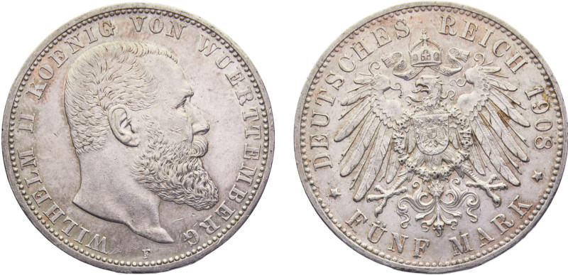 Germany Second Empire Kingdom of Württemberg Wilhelm II 5 Mark 1908 F Stuttgart ...