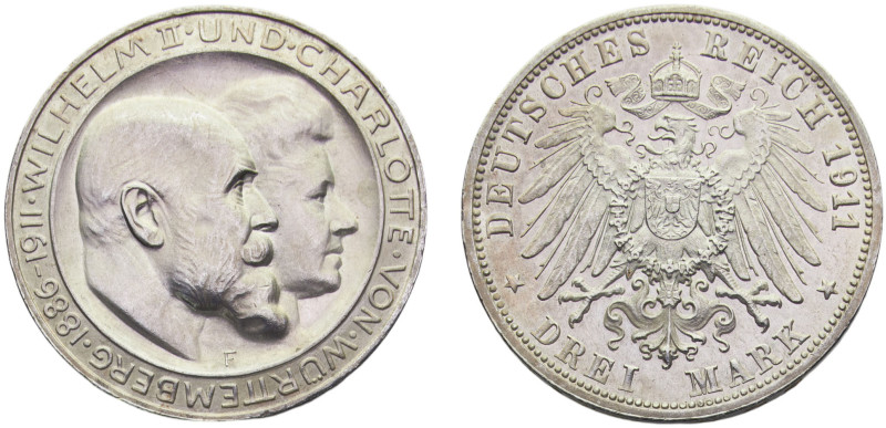 Germany Second Empire Kingdom of Württemberg Wilhelm II 3 Mark 1911 F Stuttgart ...