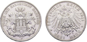 Germany Second Empire Free Hanseatic city of Hamburg 3 Mark 1911 J Hamburg mint Silver UNC 16.7g KM# 620