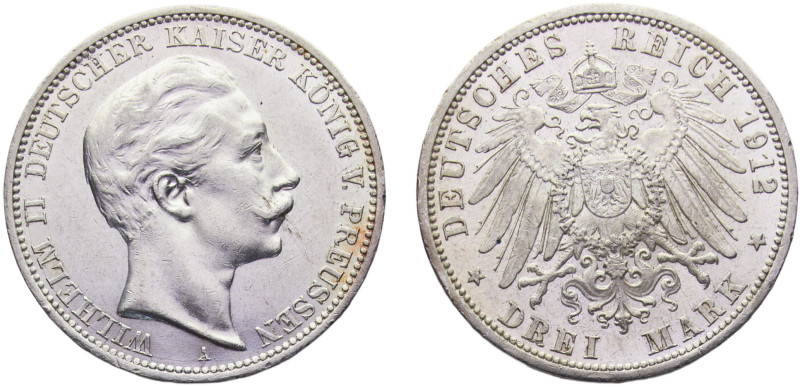 Germany Second Empire Kingdom of Prussia Wilhelm II 3 Mark 1912 A Berlin mint Si...