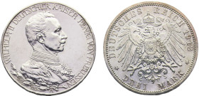 Germany Second Empire Kingdom of Prussia Wilhelm II 3 Mark 1913 A Berlin mint 25th Anniversary of the Reign of King Wilhelm II Silver UNC 16.7g KM# 53...