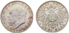 Germany Second Empire Kingdom of Bavaria Ludwig III 2 Mark 1914 D Munich mint Silver AU 11.2g KM# 1002