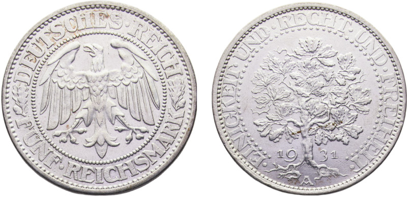 Germany Weimar Republic 5 Reichsmark 1931 A Berlin mint Silver AU 25g KM# 56