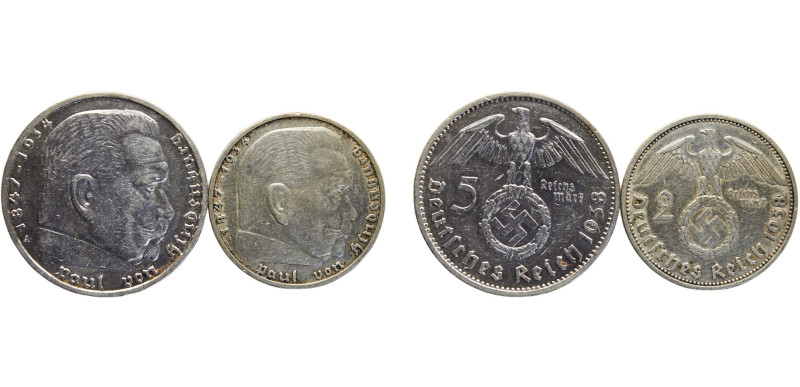 Germany The Third Reich 2 & 5 Reichsmark 1938 A Berlin mint 2 Lots, "Paul von Hi...