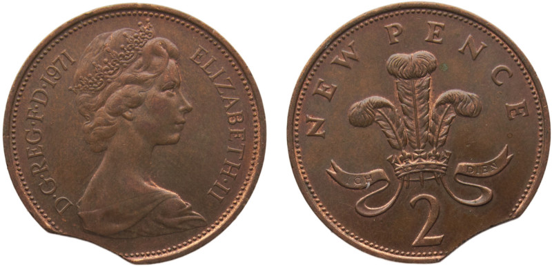 Great Britain United Kingdom Elizabeth II 2 New Pence 1971 Royal mint Mint Error...