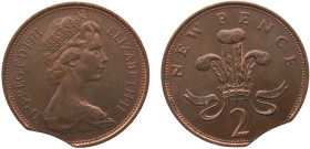 Great Britain United Kingdom Elizabeth II 2 New Pence 1971 Royal mint Mint Error Curved Clips, 2nd portrait Bronze UNC 6.6g KM# 916