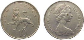 Great Britain United Kingdom Elizabeth II 10 New Pence 1969 Royal mint Mint Error Curved Clips, 2nd portrait Copper-nickel AU 11.1g KM# 912