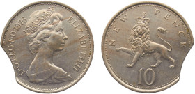 Great Britain United Kingdom Elizabeth II 10 New Pence 1976 Royal mint Mint Error Curved Clips, 2nd portrait Copper-nickel UNC 11g KM# 912