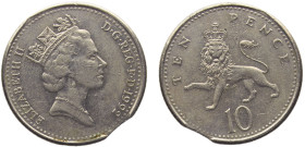 Great Britain United Kingdom Elizabeth II 10 Pence 1992 Royal mint Mint Error Curved Clips, 3rd portrait Copper-nickel XF 6.4g KM# 938