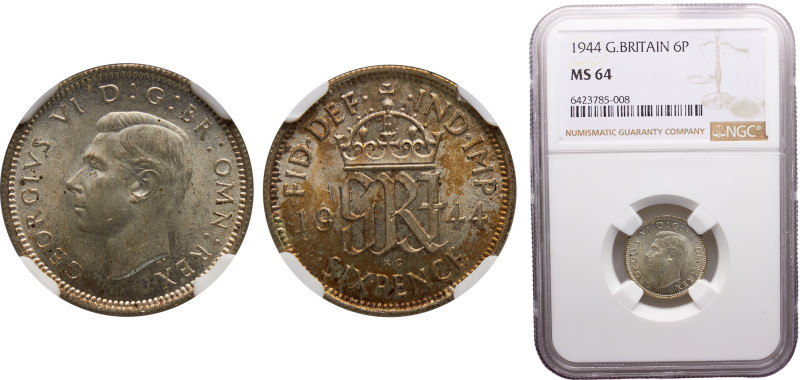 Great Britain United Kingdom George VI 6 Pence 1944 Royal mint Silver NGC MS64 K...