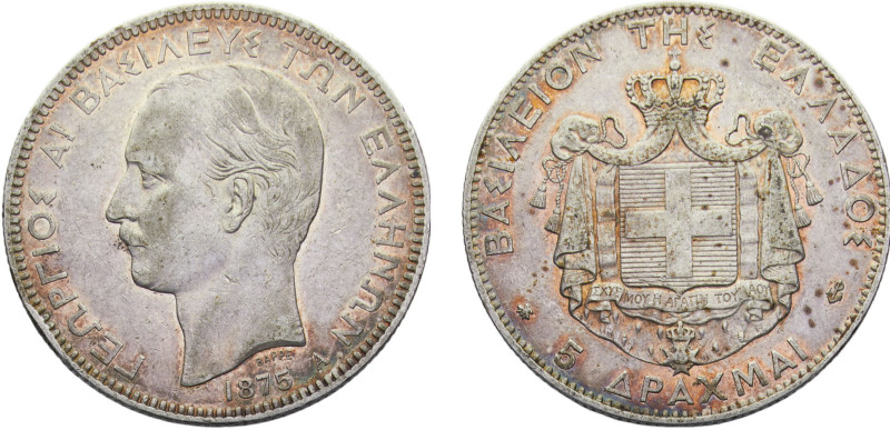 Greece Kingdom George I 5 Drachmai 1875 A Paris mint Minimun Damaged Rim Silver ...
