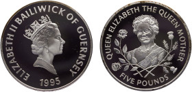Guernsey British dependency Elizabeth II 5 Pounds 1995 (Mintage 40000) Queen Elizabeth the Queen Mother Silver PF 28.4g KM# 66a
