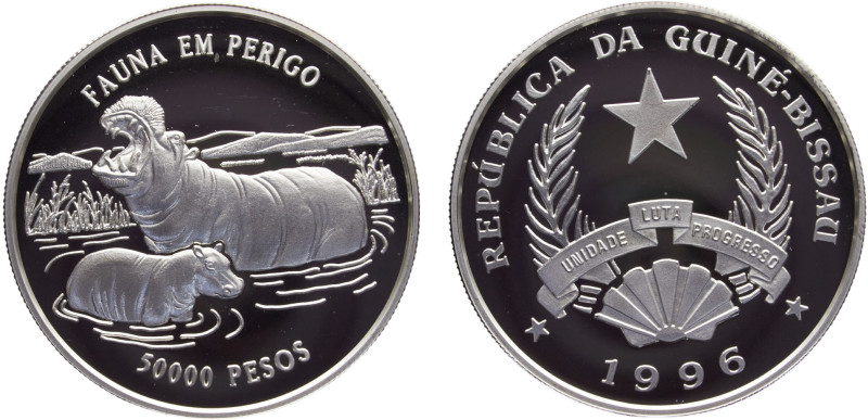 Guinea-Bissau Republic 50000 Pesos 1996 (Mintage 15000) Conservation, Hippopotam...