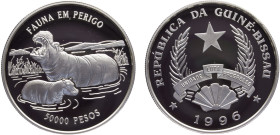 Guinea-Bissau Republic 50000 Pesos 1996 (Mintage 15000) Conservation, Hippopotamus Silver PF 31.4g KM# 36