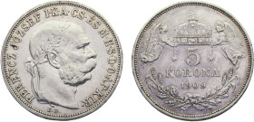 Hungary Austro-Hungarian Empire Franz Joseph I 5 Korona 1909 KB Kremnica mint Silver AU 24g KM# 488
