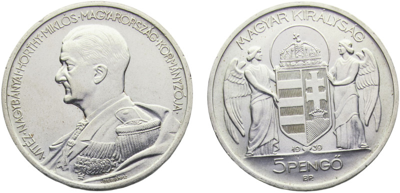 Hungary Kingdom Miklós Horthy 5 Pengő 1939 BP Budapest mint Birthday Silver UNC ...