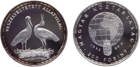 Hungary Republic 200 Forint 1992 BP Budapest mint(Mintage 80000) Conservation, Endangered Wildlife Series, White Storks Silver PF 10g KM# 688