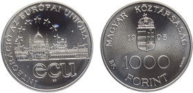Hungary Republic 1000 Forint 1995 BP Budapest mint(Mintage 5000) European Union Integration Silver UNC 31.7g KM# 720