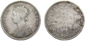 India British colony Victoria 1 Rupee 1874 Bombay mint No mint mark, Type C Bust, Type II Reverse Silver VF 11.5g KM#473.2
