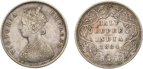 India British colony Victoria ½ Rupee 1884 B dot Bombay mint Silver XF 5.8g KM# 491