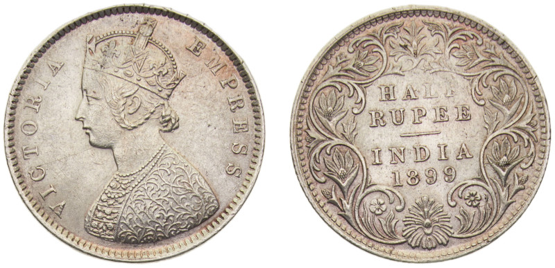 India British colony Victoria ½ Rupee 1899 B incuse Bombay mint Silver AU 5.8g K...