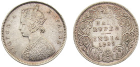 India British colony Victoria ½ Rupee 1899 B incuse Bombay mint Silver AU 5.8g KM# 491