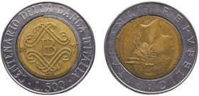 Italy Republic 500 Lire 1993 R Rome mint Mint Error Elongated Center, Centenary of the Bank of Italy Bimetallic AU 6.8g KM# 160