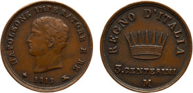 Italy States Napoleonic Kingdom of Italy Napoleon I 3 Centesimi 1813 M Milan mint Copper AU 6.1g C# 2.2
