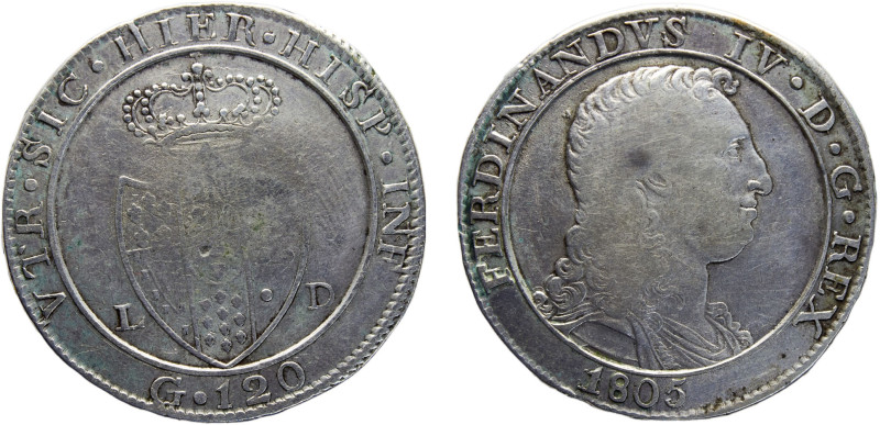 Italy States Kingdom of Naples Ferdinando IV 120 Grani 1805 LD Silver VF 27.2g K...