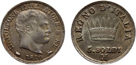 Italy States Napoleonic Kingdom of Italy Napoleon I 5 Soldi 1810 M Milan mint Patina Silver UNC 1.3g C#5.1