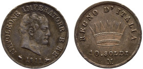 Italy States Napoleonic Kingdom of Italy Napoleon I 10 Soldi 1811 M Milan mint Patina Silver AU 2.5g C#6.1