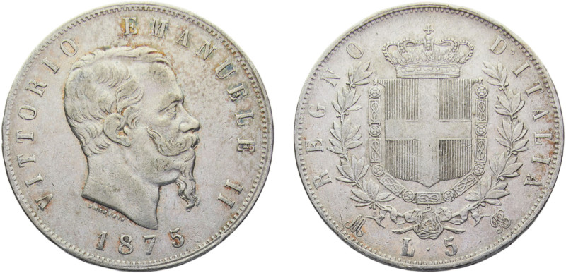 Italy Kingdom Victor Emmanuel II 5 Lire 1875 M BN Milan mint Silver XF 25g KM#8....